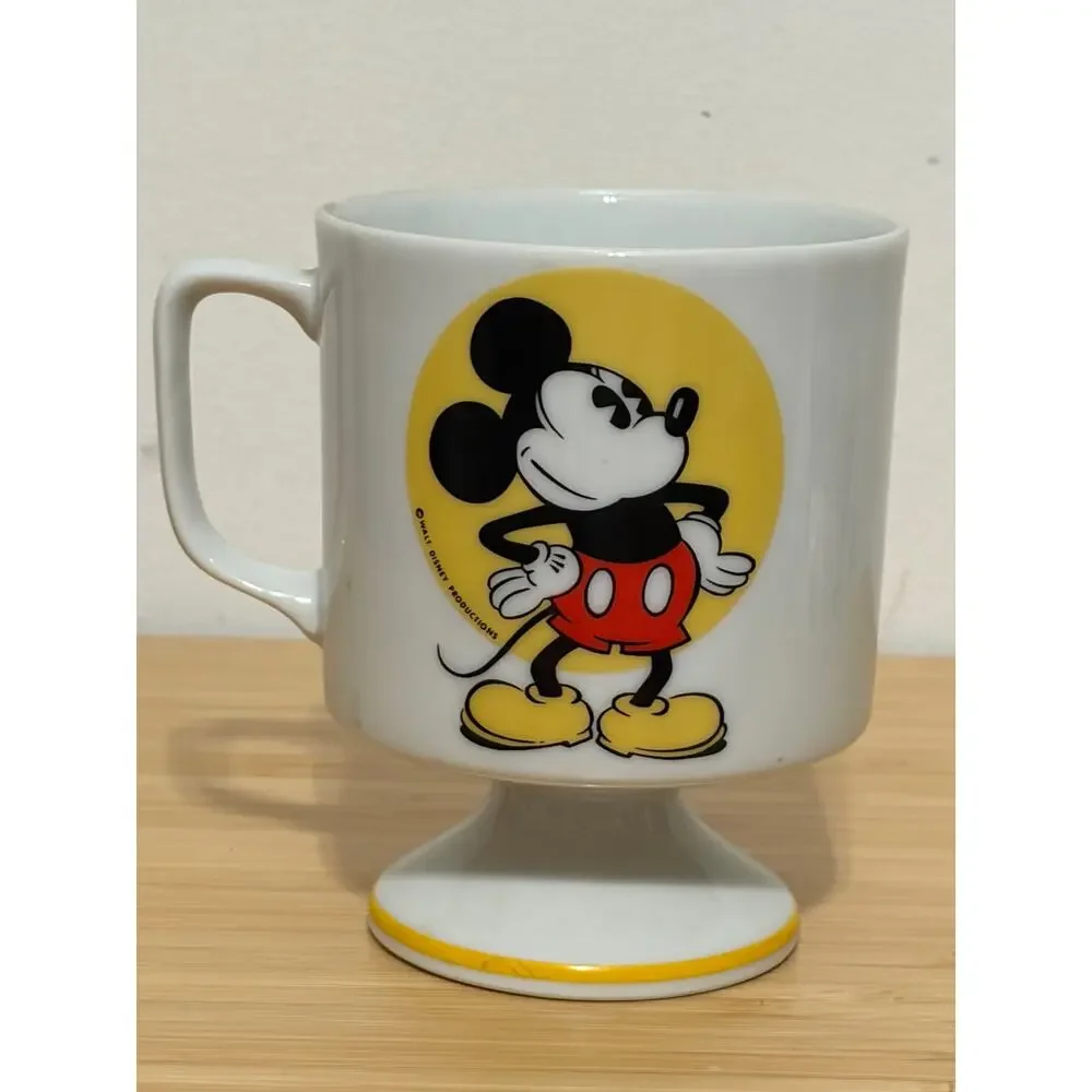 Vintage Disney Mickey Mouse Pedestal Mug Cup White Yellow Japan